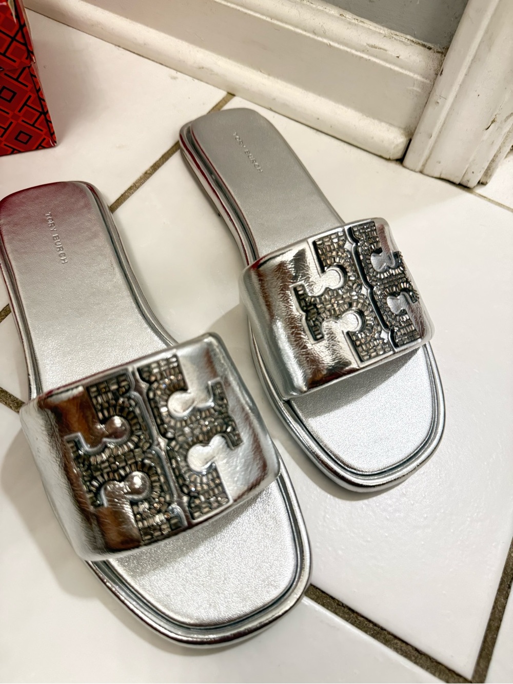 Tory Burch Metallic Silver Slide Sandals - Picture 3 of 6